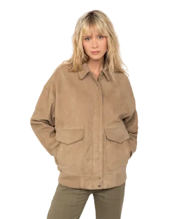 Blouson aviateur beige, coupe oversize, chèvre velours - BEIGE