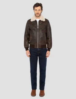 Blouson aviateur marron, cuir d'agneau - MARRON