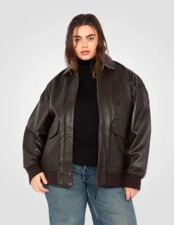Blouson aviateur marron souple coupe boyfriend, cuir d'agneau lavé, grande taille - MARRON