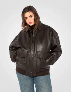 Blouson aviateur marron souple coupe boyfriend, cuir d'agneau lavé, grande taille - MARRON