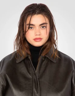 Blouson aviateur marron souple coupe boyfriend, cuir d'agneau lavé, grande taille - MARRON