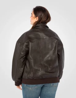 Blouson aviateur marron souple coupe boyfriend, cuir d'agneau lavé, grande taille - MARRON