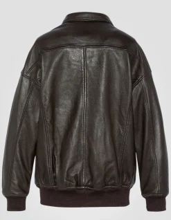 Blouson aviateur marron souple coupe boyfriend, cuir d'agneau lavé, grande taille - MARRON