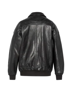 Blouson aviateur noir souple coupe boyfriend, cuir d'agneau lavé, grande taille - NOIR