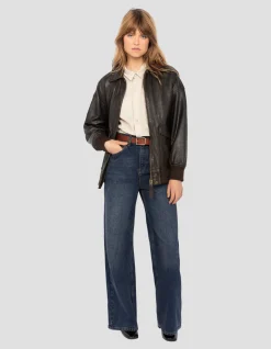 Blouson aviateur souple marron coupe boyfriend, cuir d'agneau lavé - MARRON