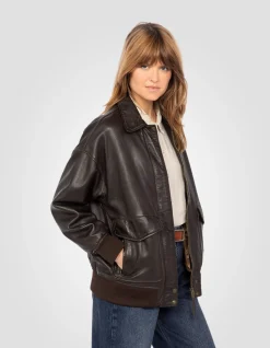 Blouson aviateur souple marron coupe boyfriend, cuir d'agneau lavé - MARRON