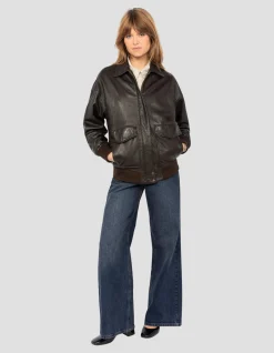 Blouson aviateur souple marron coupe boyfriend, cuir d'agneau lavé - MARRON