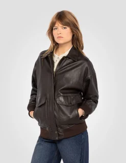 Blouson aviateur souple marron coupe boyfriend, cuir d'agneau lavé - MARRON