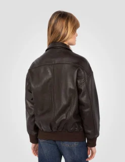 Blouson aviateur souple marron coupe boyfriend, cuir d'agneau lavé - MARRON