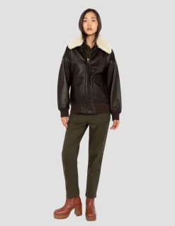 Blouson aviateur souple marron coupe boyfriend, cuir d'agneau - MARRON