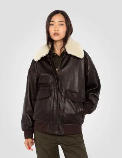 Blouson aviateur souple marron coupe boyfriend, cuir d'agneau - MARRON