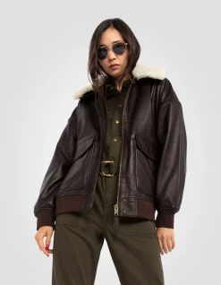 Blouson aviateur souple marron coupe boyfriend, cuir d'agneau - MARRON