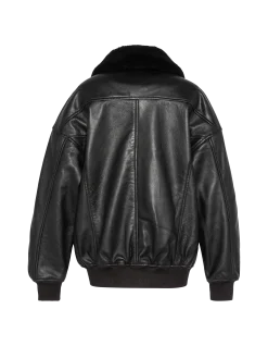 Blouson aviateur souple noir coupe boyfriend, cuir d'agneau - NOIR