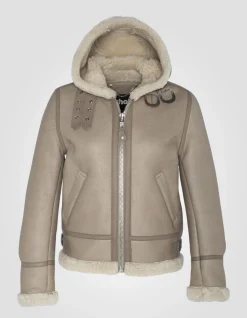 Blouson bombardier B-3 beige clair à capuche, cuir de mouton - BEIGE CLAIR