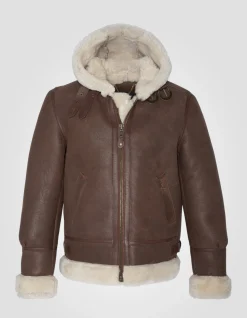 Blouson bombardier B-3 cognac à capuche, cuir de mouton, grande taille - COGNAC