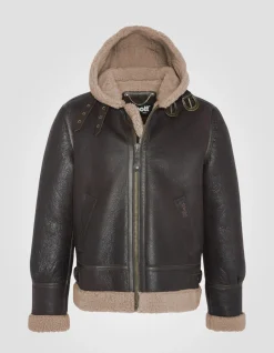 Blouson bombardier B-3 cordovan à capuche, cuir de mouton, grande taille - CORDOVAN