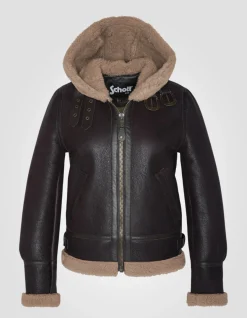 Blouson bombardier B-3 cordovan à capuche, cuir de mouton - CORDOVAN