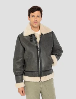 Blouson bombardier B-3 gris vintage, cuir de mouton - GRIS VINTAGE