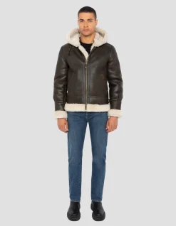 Blouson bombardier B-3 marron à capuche, cuir de mouton - MARRON