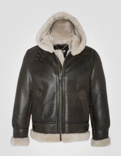Blouson bombardier B-3 marron à capuche, cuir de mouton - MARRON