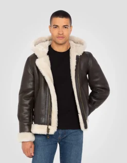 Blouson bombardier B-3 marron à capuche, cuir de mouton - MARRON