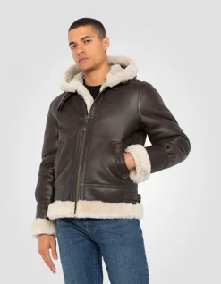 Blouson bombardier B-3 marron à capuche, cuir de mouton - MARRON