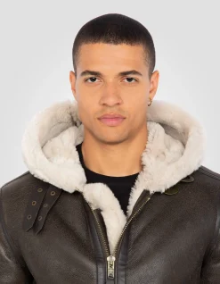 Blouson bombardier B-3 marron à capuche, cuir de mouton - MARRON