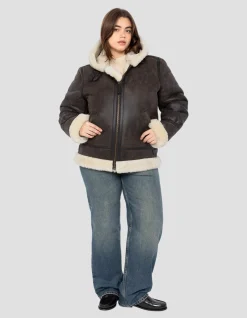 Blouson bombardier B-3 marron à capuche, cuir de mouton, grande taille - MARRON