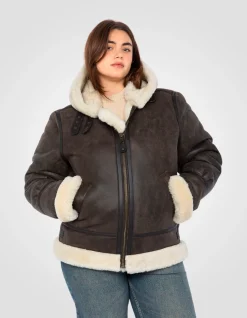 Blouson bombardier B-3 marron à capuche, cuir de mouton, grande taille - MARRON