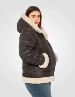 Blouson bombardier B-3 marron à capuche, cuir de mouton, grande taille - MARRON