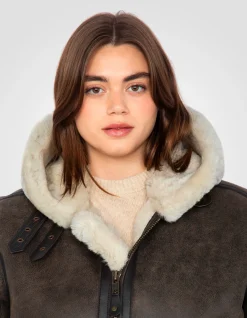 Blouson bombardier B-3 marron à capuche, cuir de mouton, grande taille - MARRON