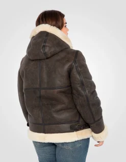 Blouson bombardier B-3 marron à capuche, cuir de mouton, grande taille - MARRON