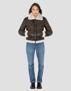 Blouson bombardier B-3 marron foncé, cuir de mouton - MARRON FONCÉ
