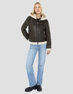 Blouson bombardier B-3 marron foncé à capuche, cuir de mouton - MARRON FONCÉ