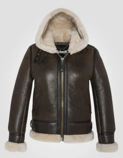 Blouson bombardier B-3 marron foncé à capuche, cuir de mouton - MARRON FONCÉ