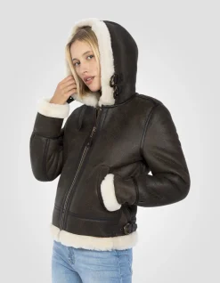 Blouson bombardier B-3 marron foncé à capuche, cuir de mouton - MARRON FONCÉ