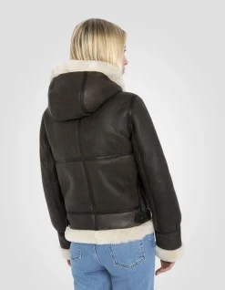 Blouson bombardier B-3 marron foncé à capuche, cuir de mouton - MARRON FONCÉ