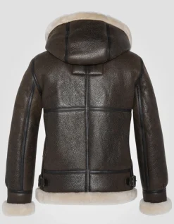 Blouson bombardier B-3 marron foncé à capuche, cuir de mouton - MARRON FONCÉ