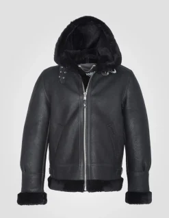 Blouson bombardier B-3 noir à capuche, cuir de mouton, grande taille - NOIR