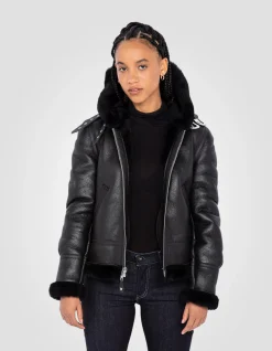Blouson bombardier B-3 noir à capuche, cuir de mouton - NOIR