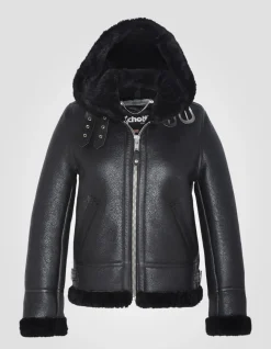 Blouson bombardier B-3 noir à capuche, cuir de mouton - NOIR