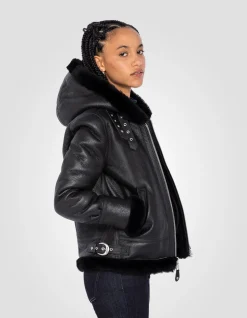 Blouson bombardier B-3 noir à capuche, cuir de mouton - NOIR
