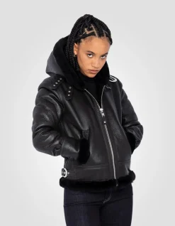 Blouson bombardier B-3 noir à capuche, cuir de mouton - NOIR