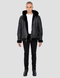 Blouson bombardier B-3 noir à capuche, cuir de mouton - NOIR