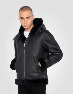 Blouson bombardier B-3 noir à capuche, cuir de mouton - NOIR