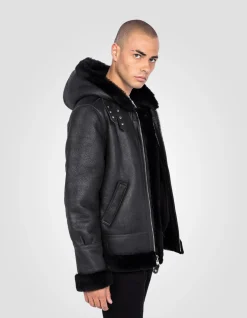 Blouson bombardier B-3 noir à capuche, cuir de mouton - NOIR
