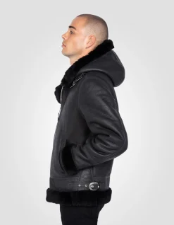 Blouson bombardier B-3 noir à capuche, cuir de mouton - NOIR