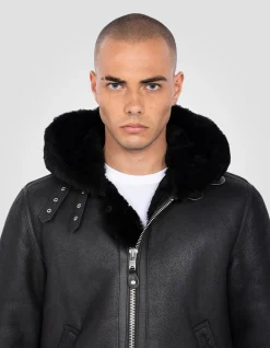 Blouson bombardier B-3 noir à capuche, cuir de mouton - NOIR