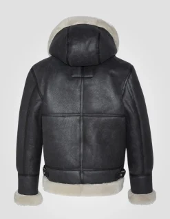 Blouson bombardier B-3 noir et blanc à capuche, cuir de mouton, grande taille - NOIR/BLANC CASSÉ