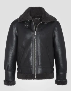 Blouson bombardier B-3 noir et gris, cuir de mouton, grande taille - NOIR/GRIS